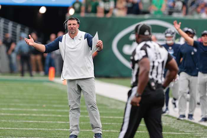Oct 3, 2021; East Rutherford, New Jersey, USA; Tennessee Titans head coach Mike Vrabel reacts to a call by an official against the New York Jets during overtime at MetLife Stadium.